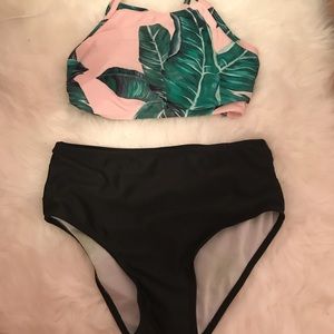 Jungle Print Top With High Waist Bikini Set